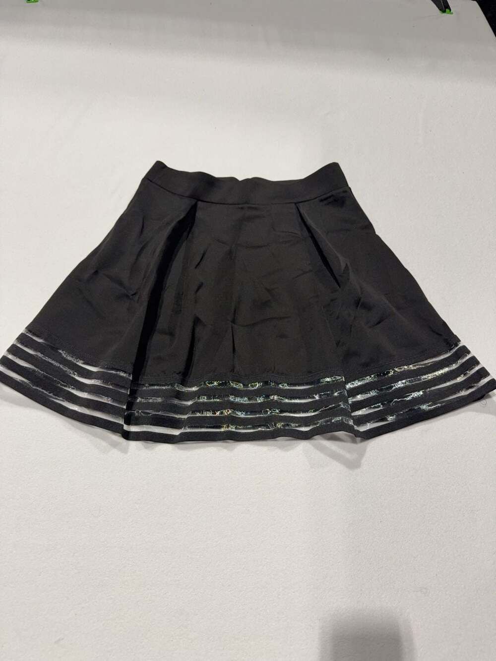 Material Girl Black Pleated Skater Skirt with Sheer Striped Hem Size L